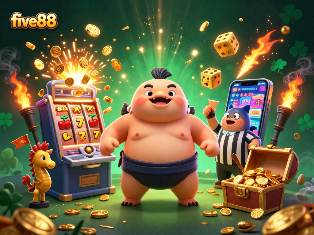 Experience the thrills of winning at five88 with vibrant casino action in this dynamic 3D illustration.