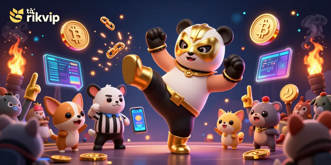 Experience vibrant casino action with tải rikvip featuring a panda wrestler and crypto elements in this lively illustration.