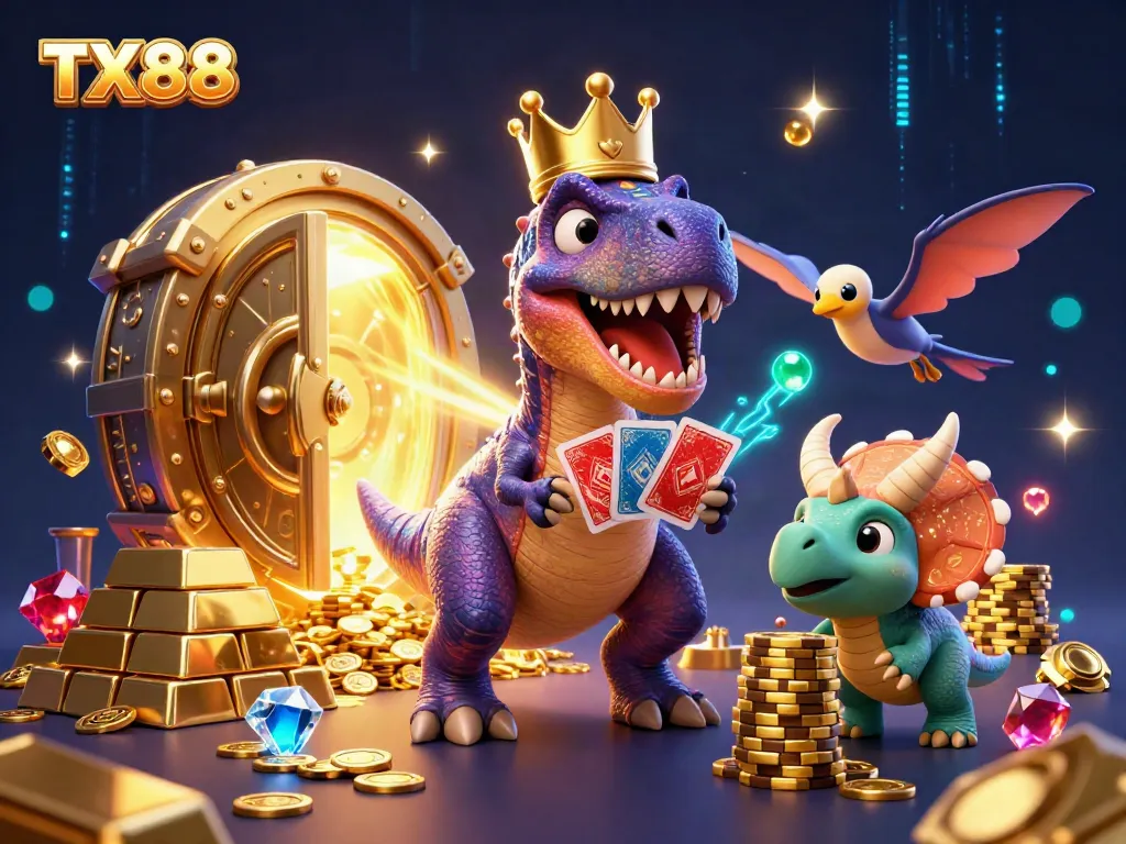 Engage with TX88's thrilling online casino games, featuring vibrant characters in a dynamic 3D illustration.