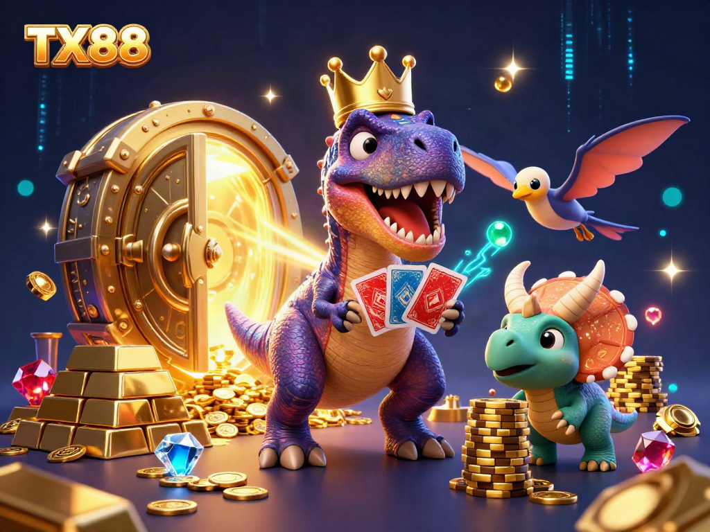 Engage with TX88's thrilling online casino games, featuring vibrant characters in a dynamic 3D illustration.