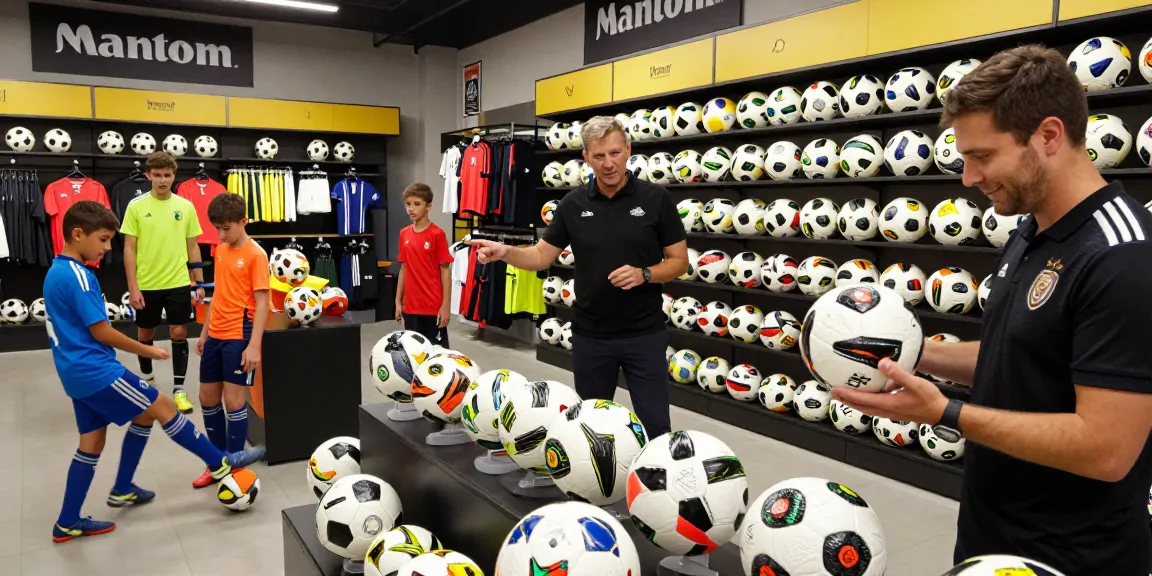 Im Fußball Shop Deutschland präsentiert eine vielfältige Auswahl an Fußbällen, während junge Spieler und Trainer trainieren und testen.