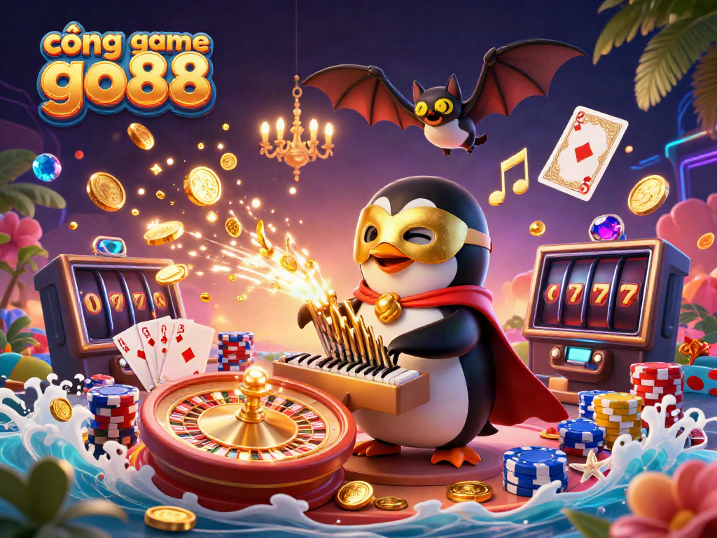 Engage with cổng game go88 through dynamic 3D casino illustration showing a whimsical penguin character and vibrant game elements.