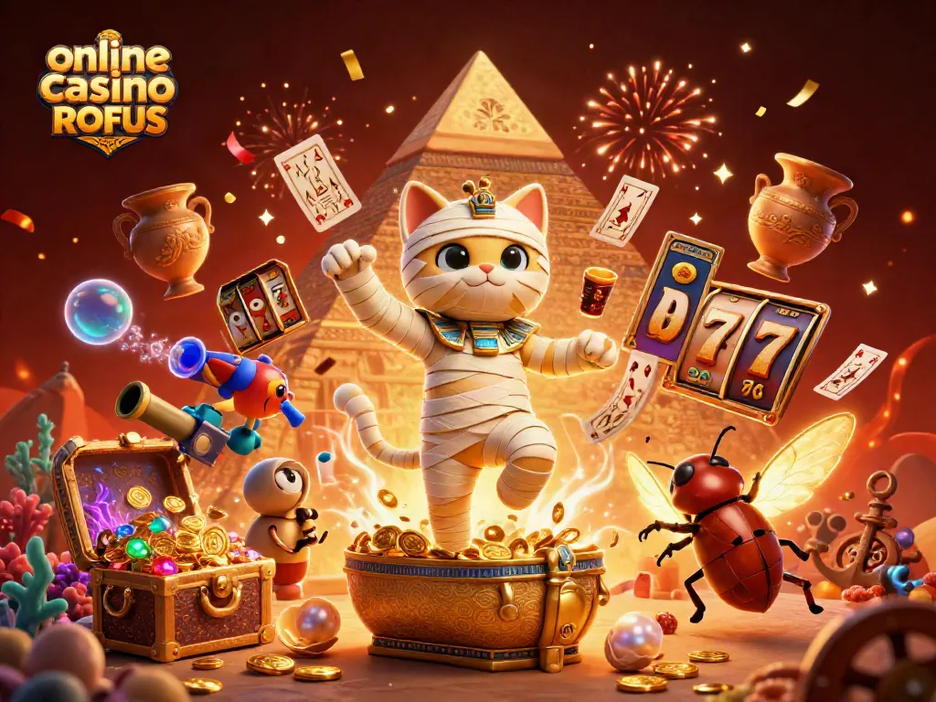 Engage with online casino uden ROFUS featuring a lively scene of gaming action in a pyramid.