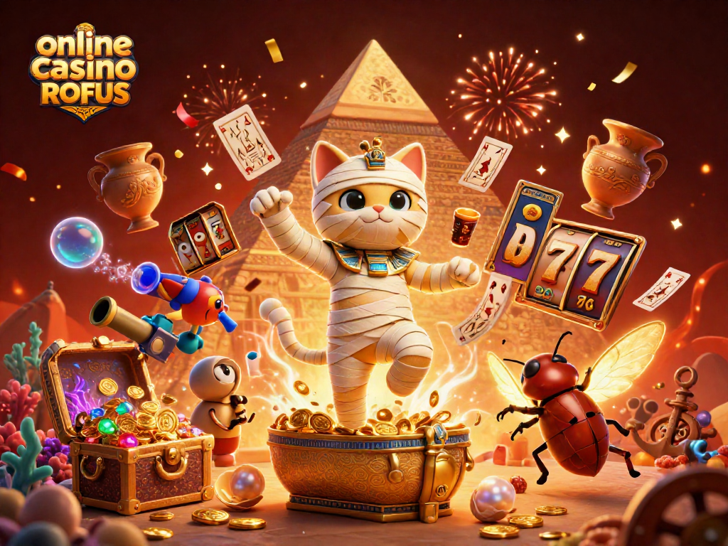 Engage with online casino uden ROFUS featuring a lively scene of gaming action in a pyramid.