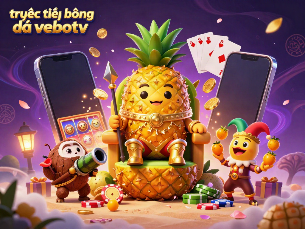 Experience trực tiếp bóng đá vebotv with a vibrant casino scene featuring a golden pineapple king, casino elements, and dynamic action.