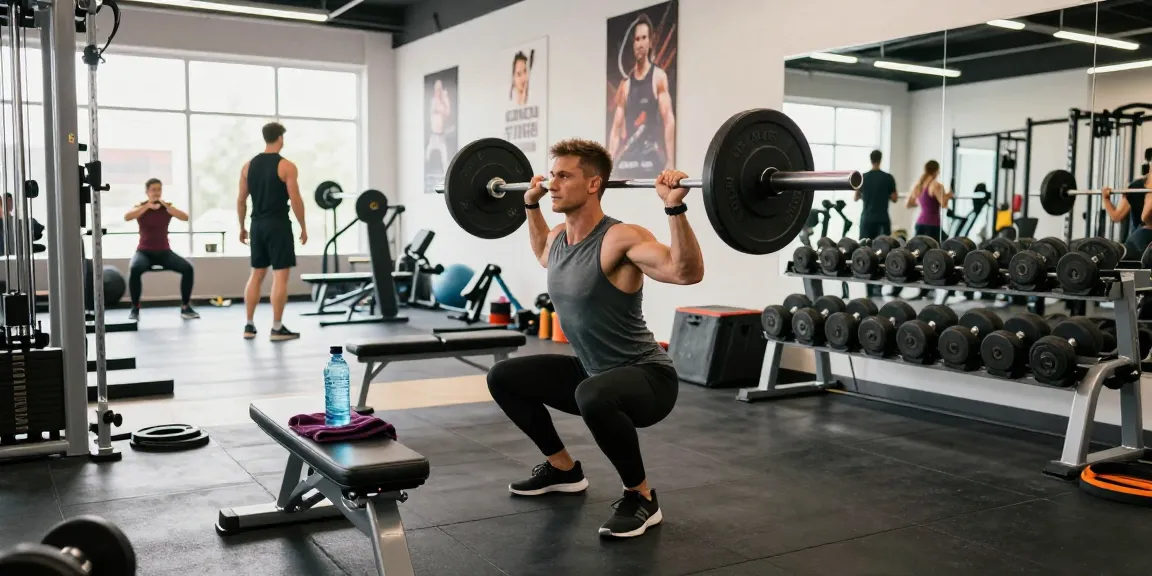 Körperbuilder im Anabolika Shop Deutschland, der in einem hellen Fitnessstudio Kniebeugen macht, umgeben von Fitnessgeräten und motivierenden Postern.