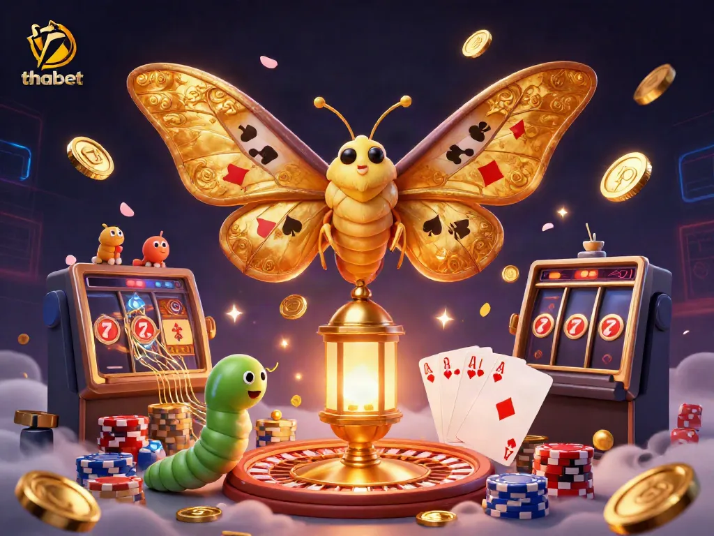 Engage with thabet's vibrant casino experience featuring golden moths, coins, and poker elements.
