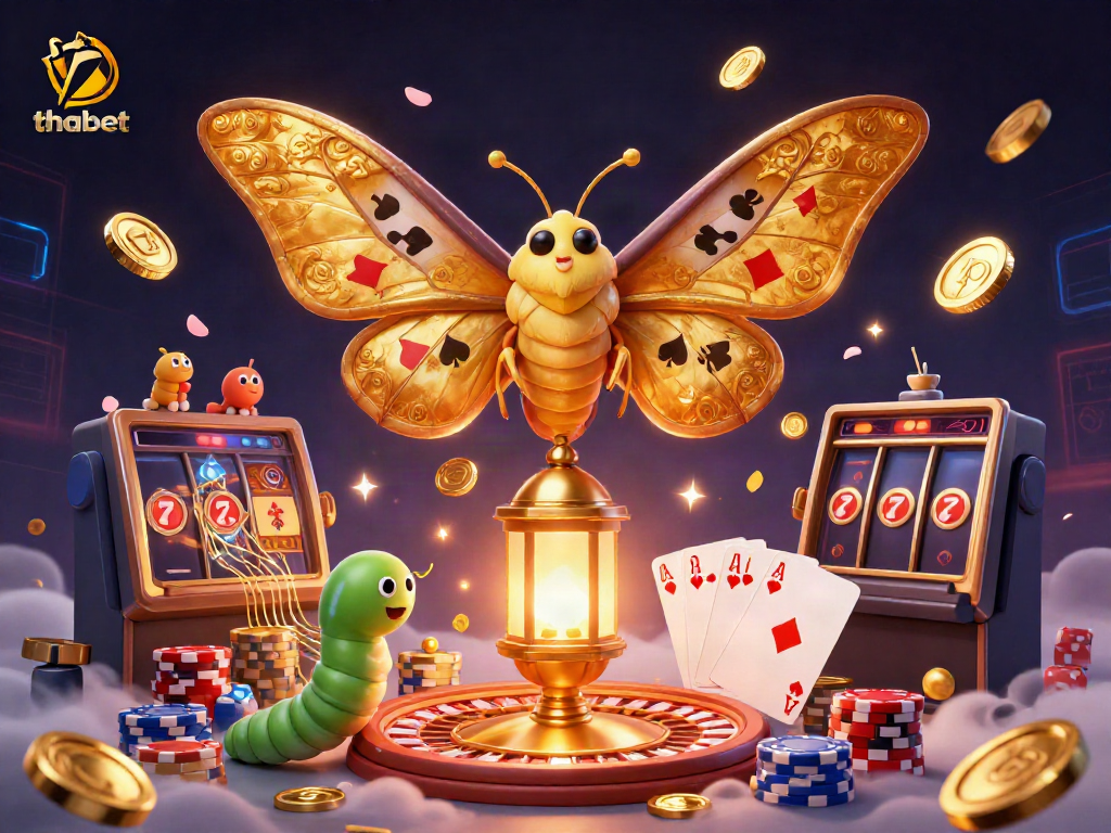 Engage with thabet's vibrant casino experience featuring golden moths, coins, and poker elements.