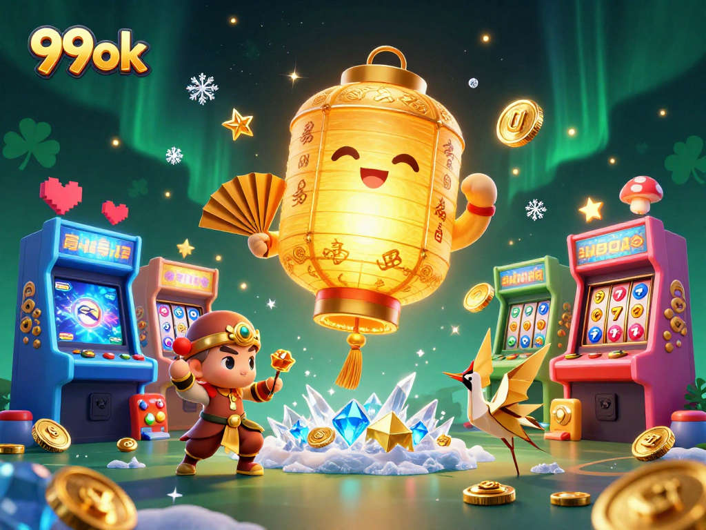 Experience the charm of 99ok casino with vibrant 3D characters and slot reels amidst festive lights.