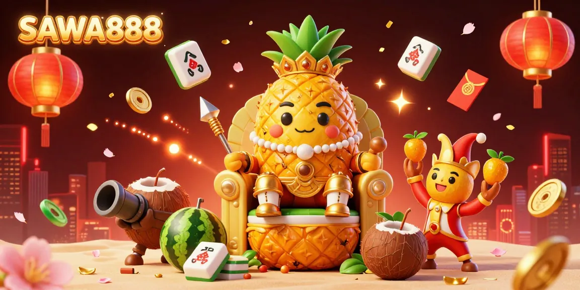 Experience the vibrant energy of SAWA888 with characters and casino elements in a dynamic 3D illustration.