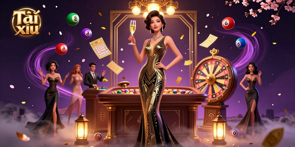 Experience Tài xỉu with an elegant scene of a glamorous Asian woman and vibrant gambling elements.