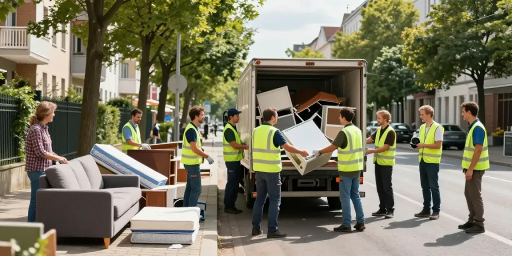 Sperrmüllabholung Berlin: Team bei der Abholung von Sperrmüll in Berlin, freundliche Atmosphäre mit lächelnden Mitarbeitern.