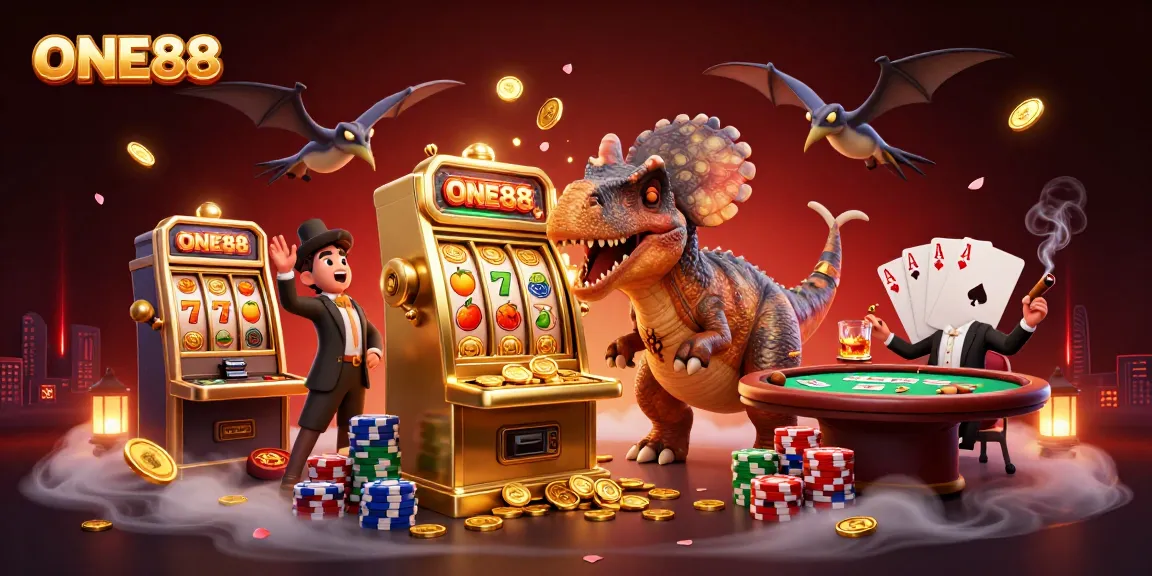 Experience the thrill of ONE88 with a 3D dinosaur winning at slots amid cascading coins and poker chips.