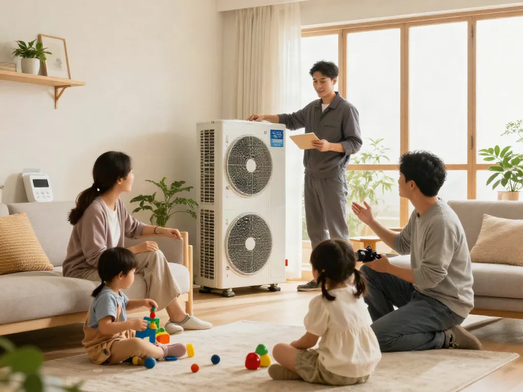 Die Wärmepumpe Kosten werden in einem gemütlichen Wohnzimmer besprochen, während eine Familie mit einem Fachmann interagiert.