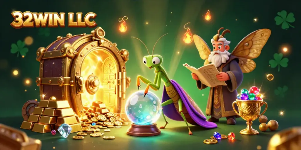 Explore gaming luck with 32WIN LLC at this vibrant casino scene featuring enchanting characters.