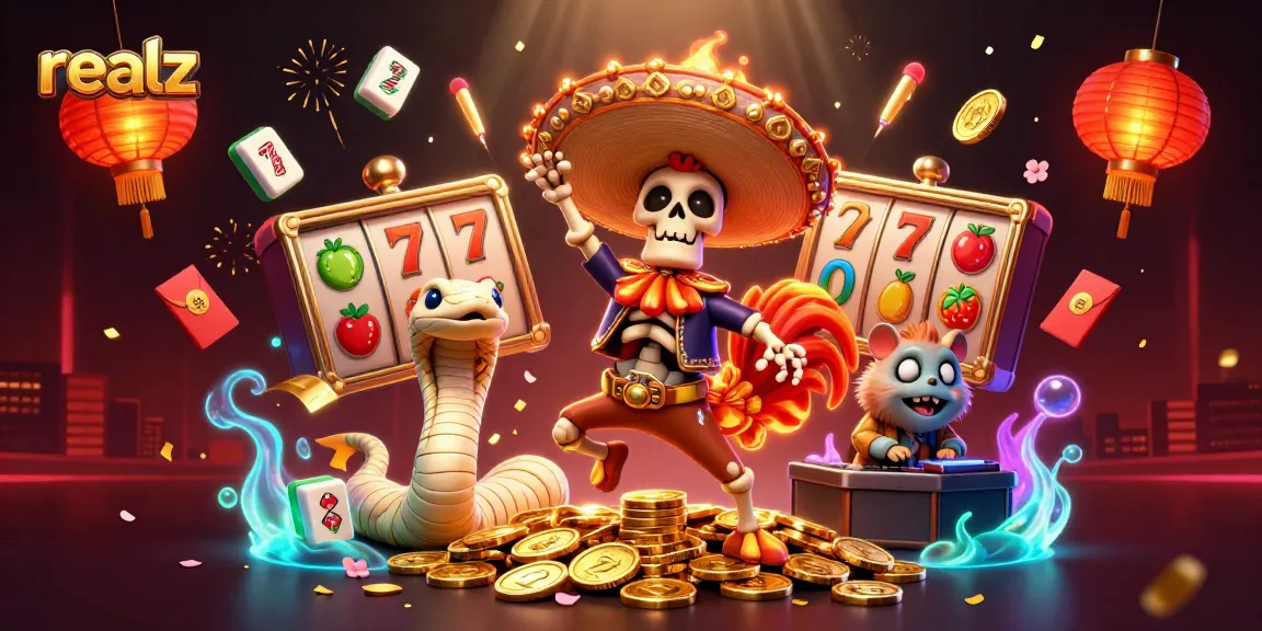 Experience the excitement of realz casino with a colorful 3D celebration, featuring lively characters and gaming symbols.