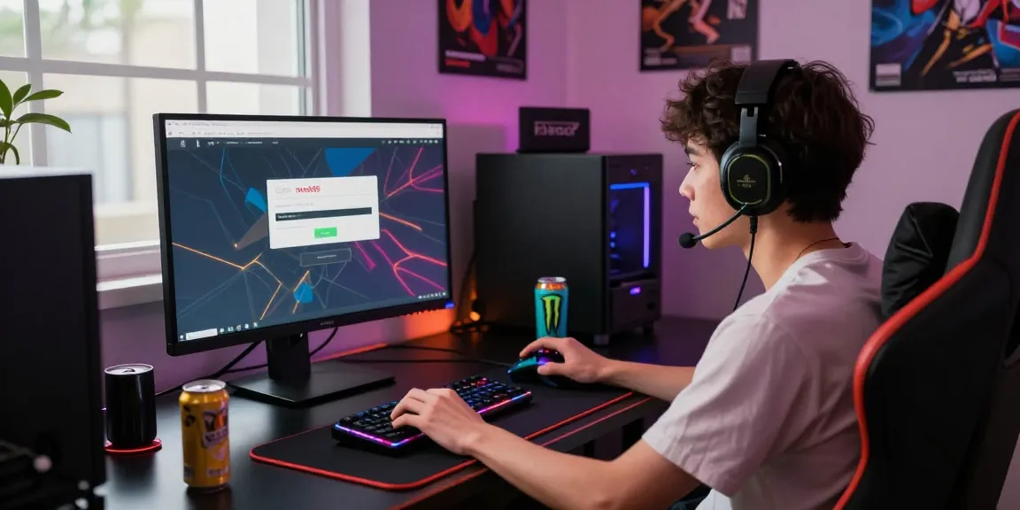 Engaged gamer at rokok88 login screen in a vibrant gaming setup.