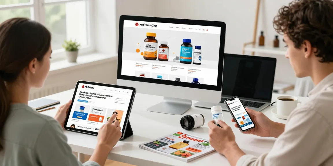 Kunden, die online mit dem Medi Pharma Shop interagieren und Wellness-Produkte sowie Steroide auf ihren Geräten erkunden.