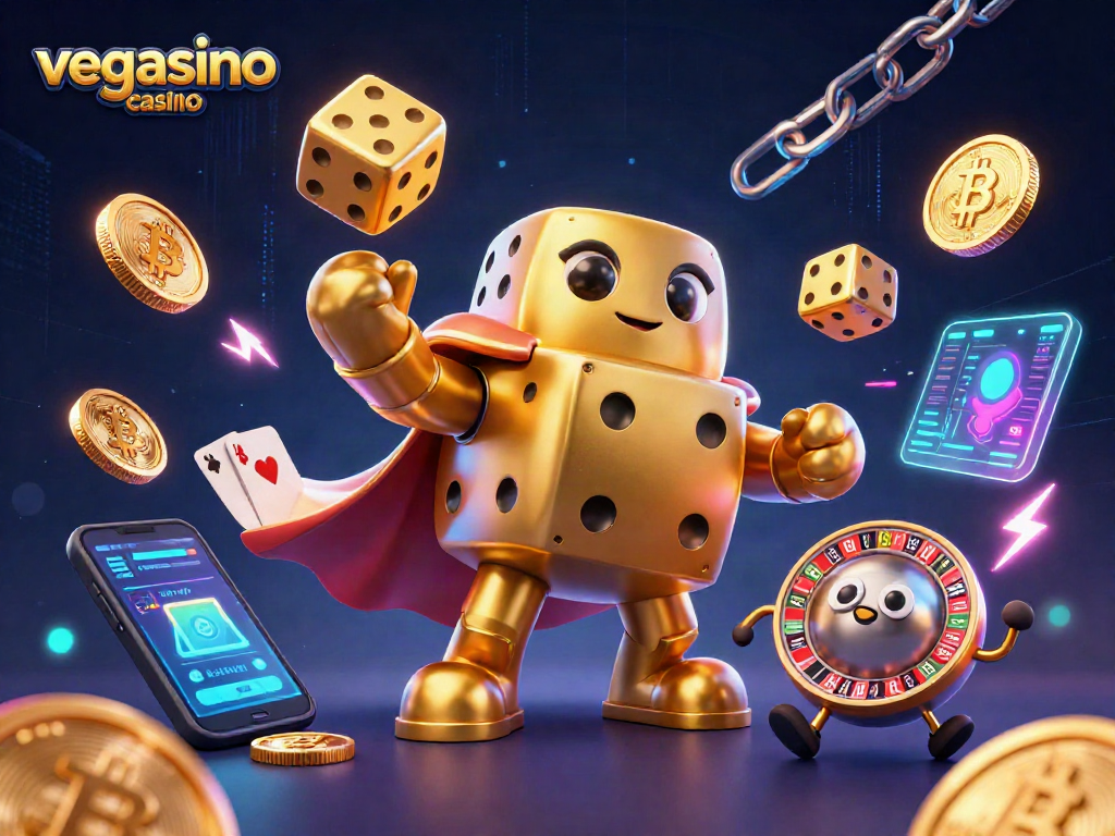 Engage in thrilling gaming at vegasino casino with a magical 3D scene showcasing golden dice and crypto elements.