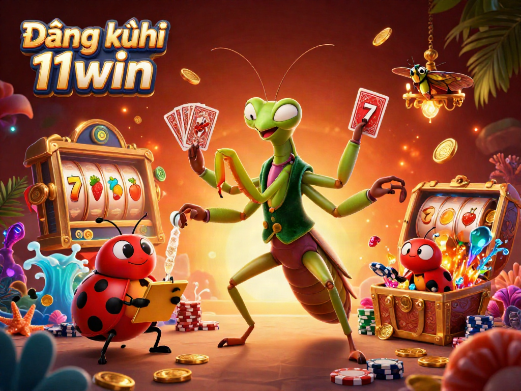 Join the excitement with Đăng ký 11win, featuring vibrant characters engaged in casino action.