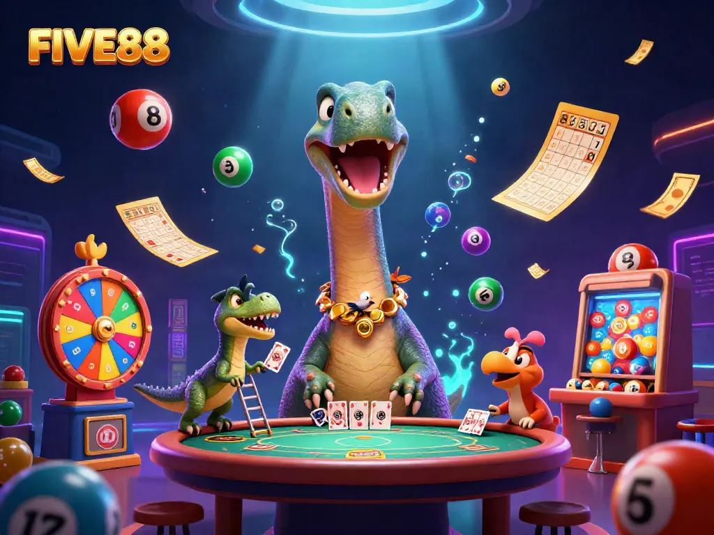 Engaging FIVE88 casino scene featuring a dinosaur dealing cards and vibrant gaming elements.