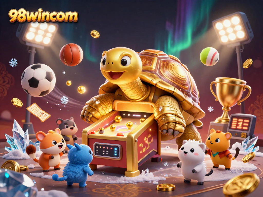 Betting fun unfolds with 98wincom's vibrant animated scene featuring golden tortoise and sports elements.