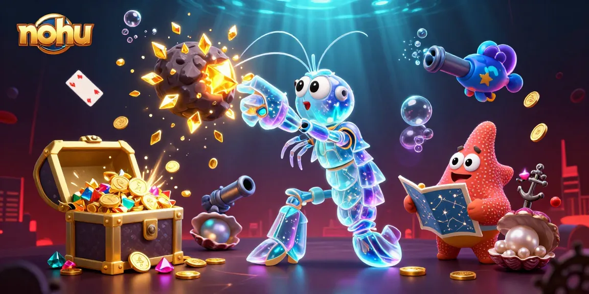 Nohu's vibrant scene showcases a mantis shrimp and starfish amidst treasures, embodying excitement.