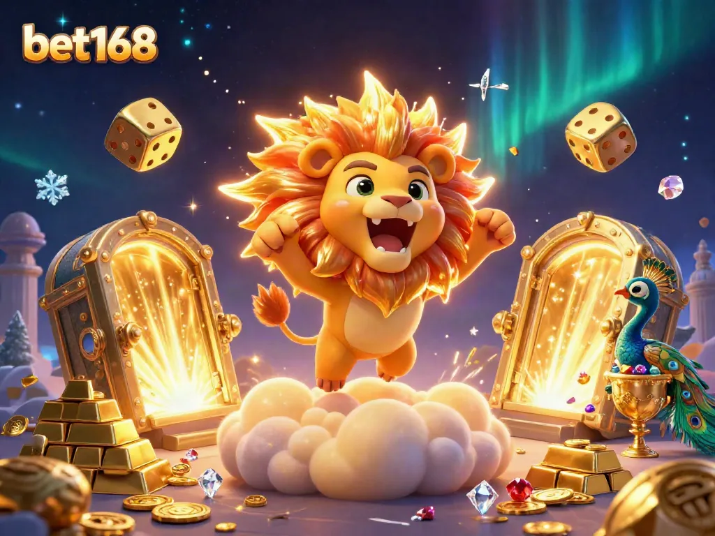 Experience the vibrant scene of bet168 featuring a roaring sun lion and golden treasures in a dynamic casino universe.