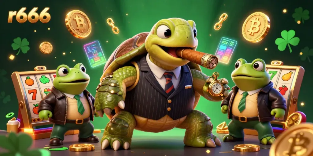 Experience exciting slot games with r666 featuring a massive turtle mobster and bullfrog enforcers.