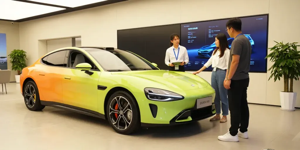 Explore the latest electric vehicles at https://experience-electrique.org/ in a modern showroom setting.