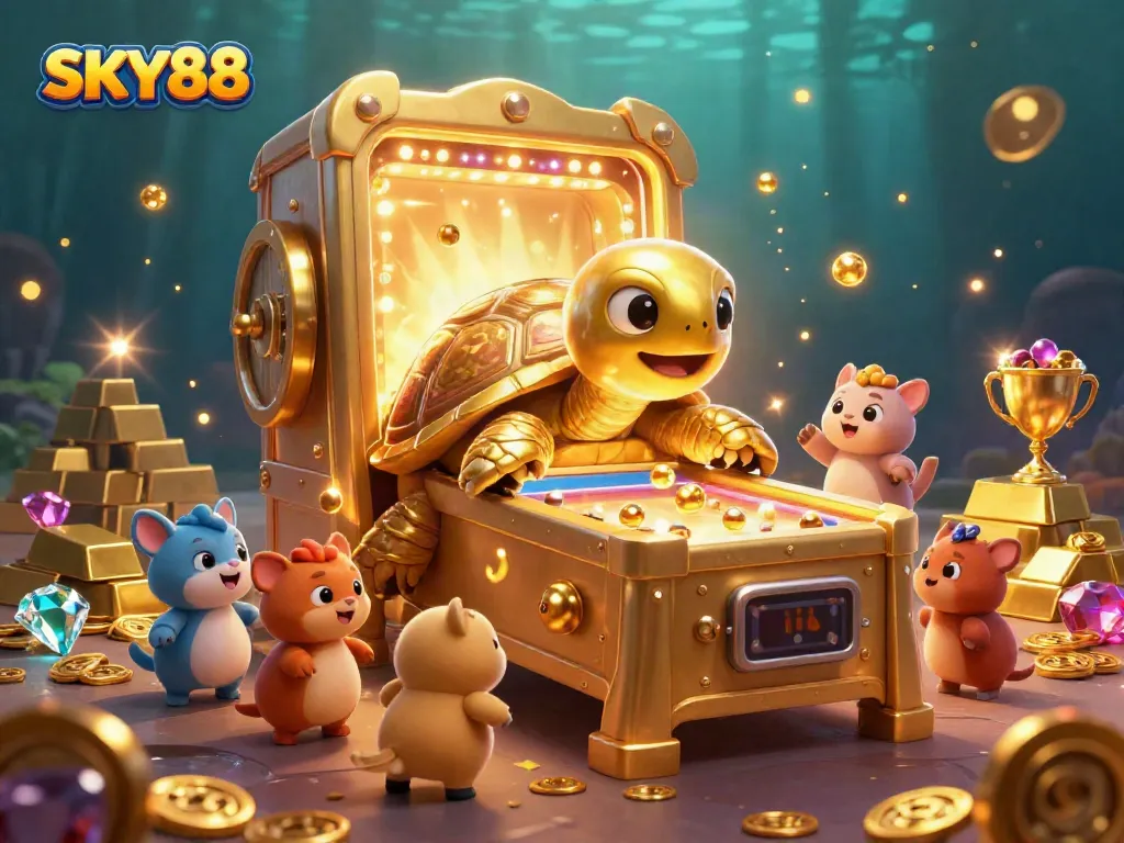Capture the excitement at SKY88, featuring a golden tortoise pinball machine and a treasure-filled scene.