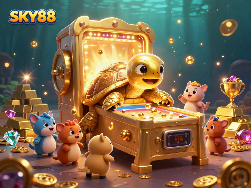 Capture the excitement at SKY88, featuring a golden tortoise pinball machine and a treasure-filled scene.