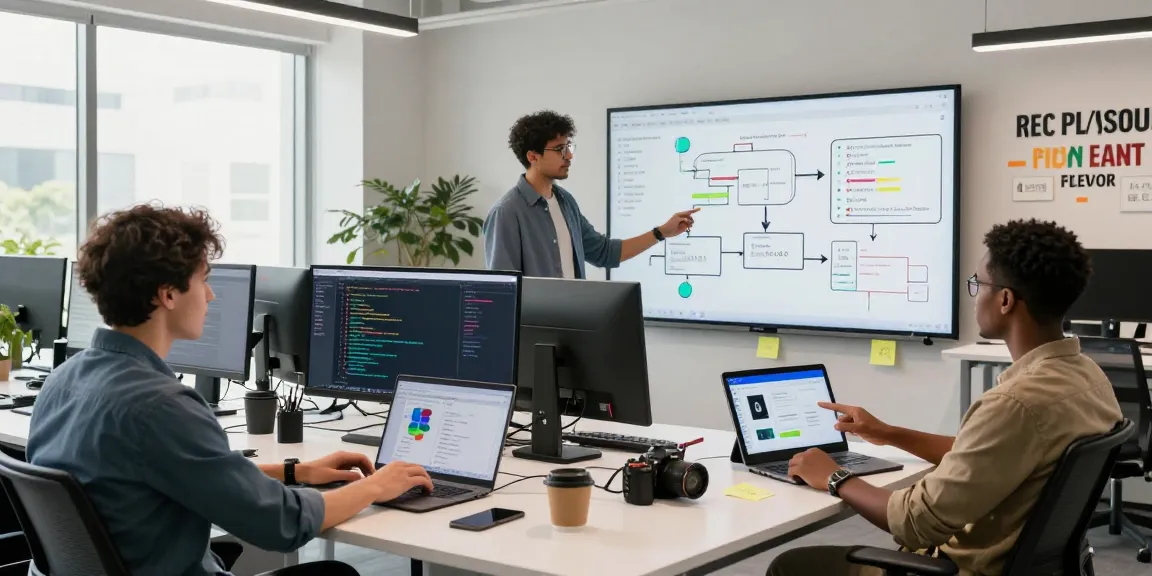 Team collaborating to build internal tools with AI in a modern tech workspace