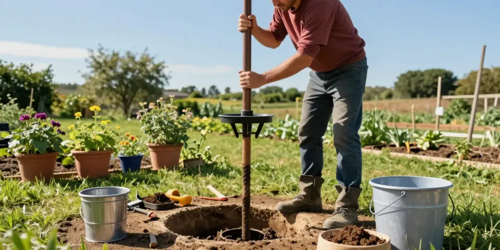 Brunnenbohren in einem Garten, DIY-Projekt mit manuellem Bohrer und Werkzeugen im Freien