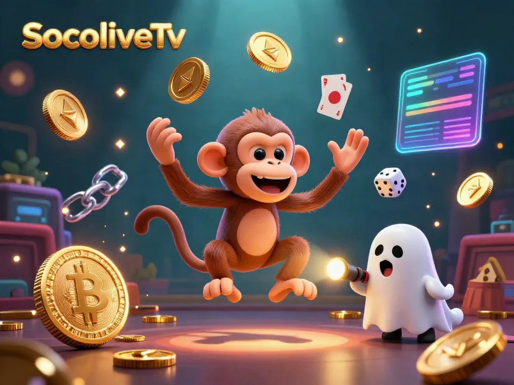 SocoliveTv showcases a lively casino scene with a poltergeist monkey juggling coins and a ghost-hunter puppy tracking it.