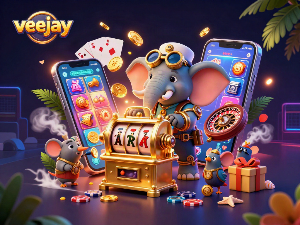 Veejay zeigt spannende Slot-Aktionen mit mechanischen Elementen und bunten Spielautomaten.
