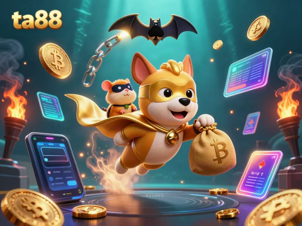 Experience the excitement of ta88 with a superhero dog and sidekick amidst a dynamic casino scene.