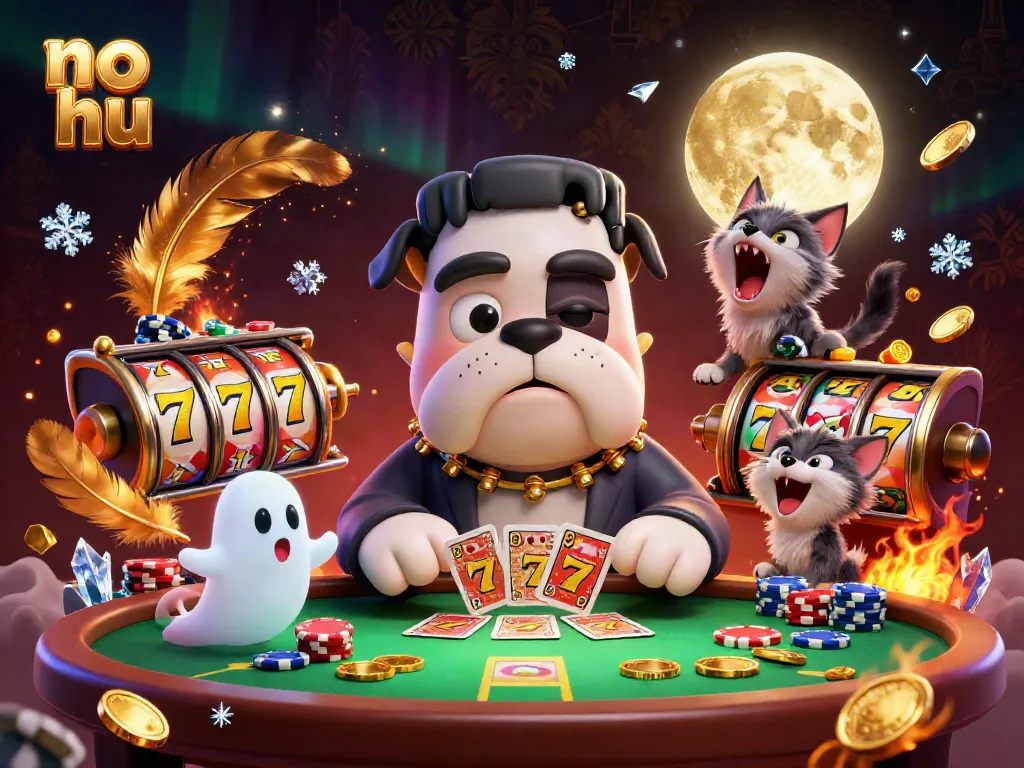 Spin the reels and win big with no hu at this thrilling casino scene featuring cartoon characters and vibrant effects.