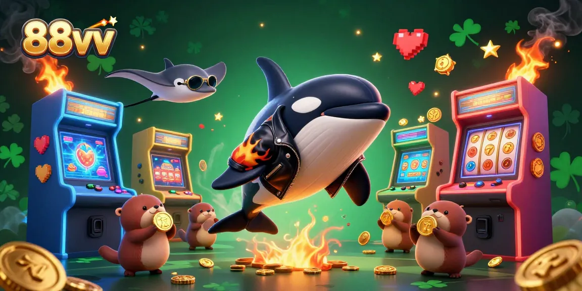 Engage with thrilling 88vv gaming illustrations featuring vibrant 3D characters and lively casino symbols.