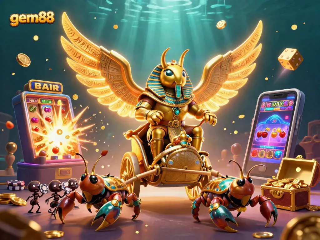 gem88 gaming scene with a golden scarab beetle and scorpions amidst vibrant casino elements.