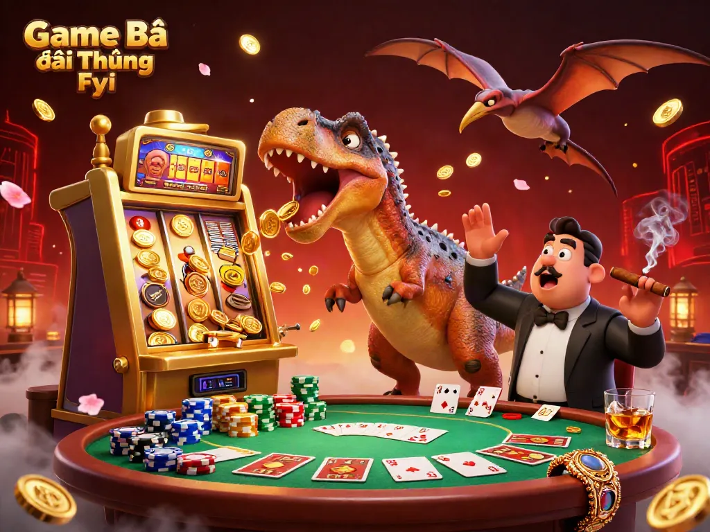 Experience Game Bài Đổi Thưởng Fyi with a pachycephalosaurus hitting a jackpot, surrounded by lively casino elements.