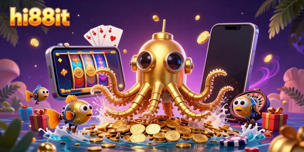 Engage with hi88it’s vibrant casino atmosphere filled with gaming excitement, showcasing colorful slot reels and dynamic characters.