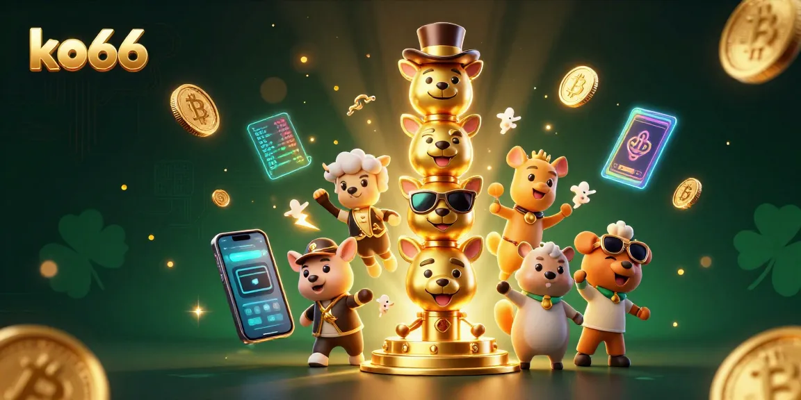 Join ko66 for a thrilling casino experience with vibrant crypto-themed elements and a golden totem pole!