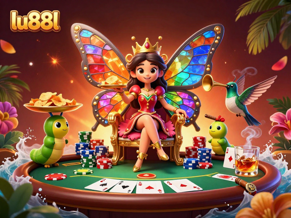 Engage in thrilling poker at lu88l with a vibrant casino scene featuring a butterfly queen and poker elements.