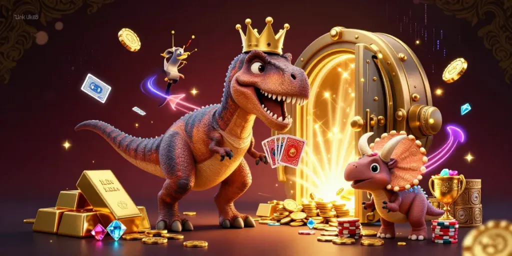 Experience the world of online gaming with Link Uk88 featuring whimsical casino characters and treasures.