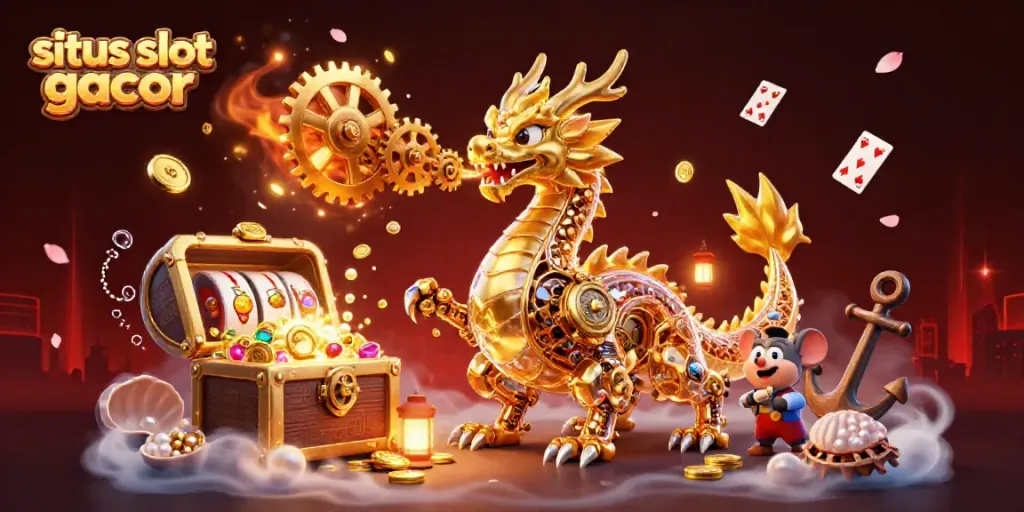 Engage with situs slot gacor in a vibrant 3D illustrated scene featuring a dragon, treasures, and slot reels.