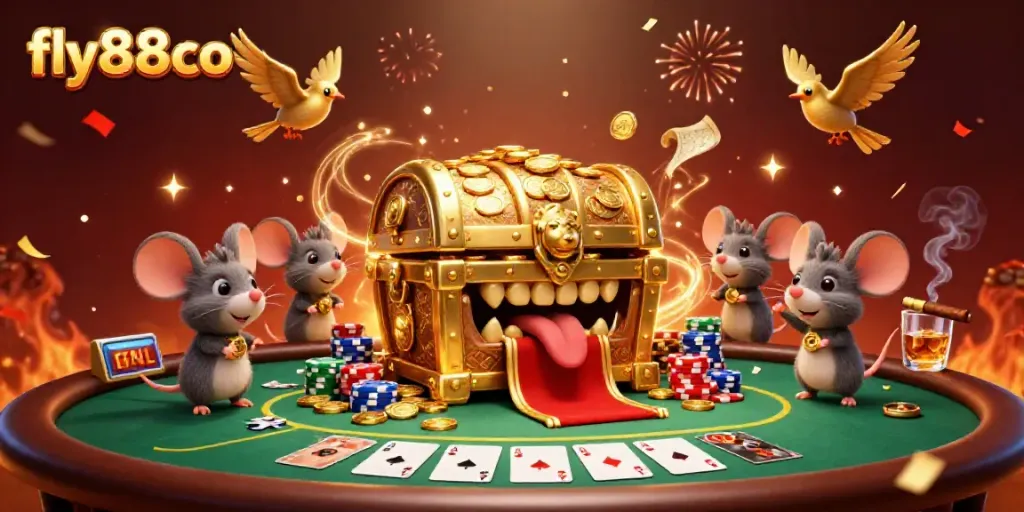 Engage in thrilling play with fly88co's golden treasure chest and vibrant casino elements.