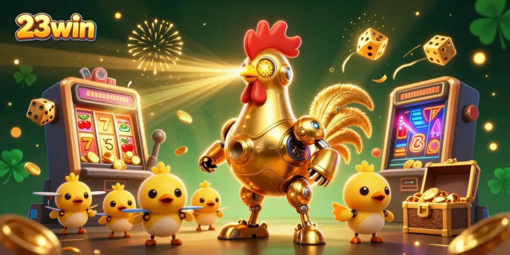 Experience the thrilling excitement of 23win with a dynamic golden rooster robot and vibrant casino elements.