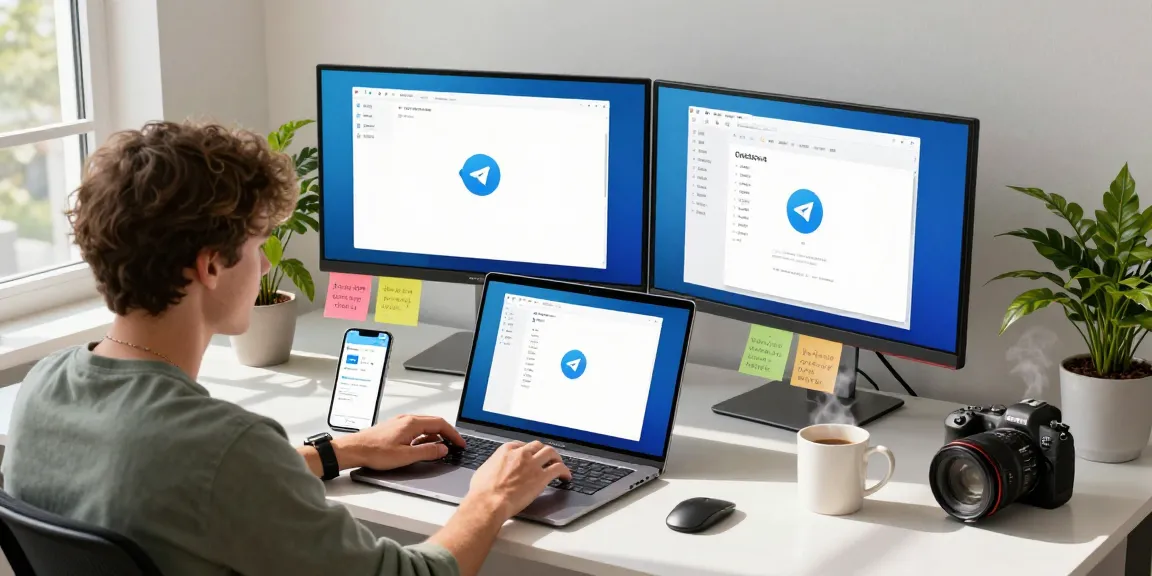 Configuring Telegram Chinese interface on a laptop in a modern workspace setup.
