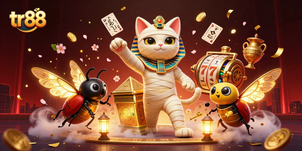 Engage with tr88 slots in a vibrant scene of a mummy casino featuring animated reels and golden coins.
